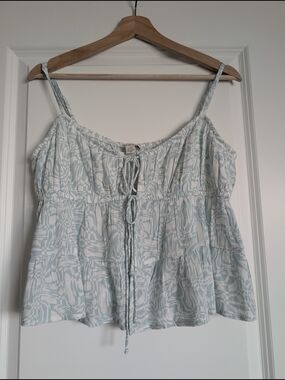 American Eagle Outfitters Light Blue Patterned Tie-Front Spaghetti Strap Top